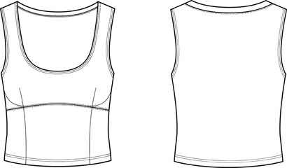 Women scoop neck tank top technical drawing, sleeveless crop top fashion flat sketch, athletic vest apparel vector illustration for tech pack and garment manufacturing.