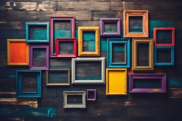 Empty colorful frames creating an eclectic arrangement on a dark wooden wall