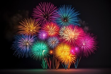 Bright pyrotechnic bursts igniting the dark evening, creating a vivid display