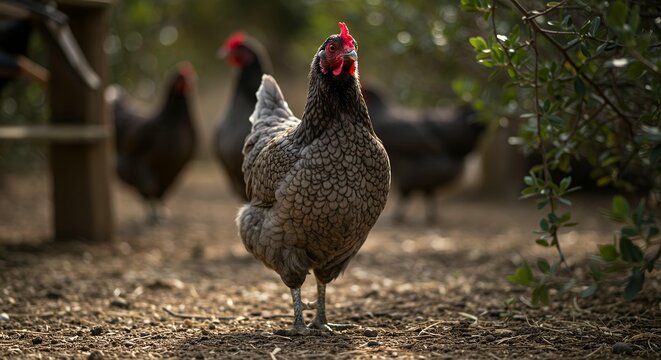Grey Laced Wyandotte Chicken Standing in Farmyard, Outdoor Poultry Portrait of Blue Laced Red Wyandotte Hen in Rural Setting