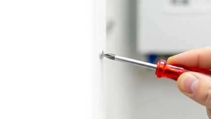 A close-up shot of a hand using a Phillips head screwdriver with a translucent red handle to drive a metal screw into a plain white surface, likely during furniture assembly or home repair work.
