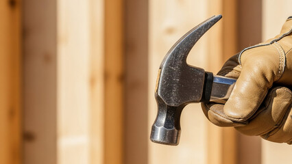 Hand in a tan leather work glove gripping a durable, scratched metal claw hammer. The backdrop is a sunlit, blurred construction site featuring vertical wooden framing studs.