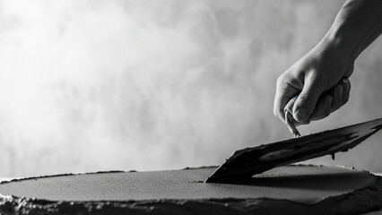 Monochrome close-up of a hand using a plastering trowel to smooth dark, wet cement or mortar mix, focusing on the rough texture of the material and the motion of the construction work.