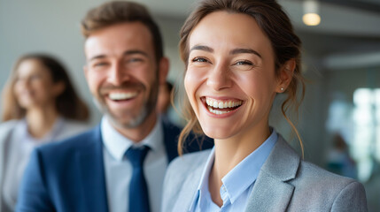 Happy businesspeople laughing in office, professional joy display visualization, workplace happiness concept, corporate camaraderie representation, team bonding aesthetic , with copy space
