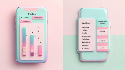 Two 3D rendered smartphones displaying a music player interface with pastel colors.