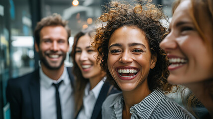 Fototapeta premium Diverse businesspeople laughing during meeting, in office display visualization, professional camaraderie concept, workplace diversity representation, team bonding aesthetic , with copy
