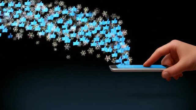 Digital Interaction: A Hand Engaging with a Smartphone Screen, Generating a Stream of Likes in the Form of Snowflakes in a Mesmerizing Visual Display of Social Interaction