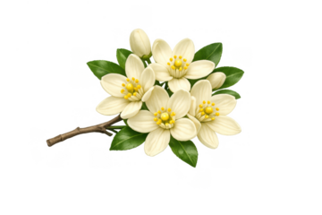 Orange blossom branch featuring white citrus flowers and green leaves with developing new buds, transparent background