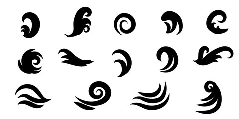 Set tribal wave black line vector flat isolated, sea, ocean splash set