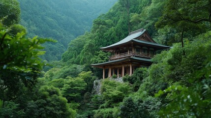 Fototapeta premium Serene Traditional Architecture Amidst Lush Greenery and Misty Mountains in a Remote Forest Setting