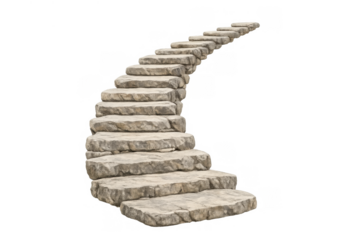 Stone staircase with curved steps ascending, featuring rough rock texture and a dynamic upward direction on transparent background