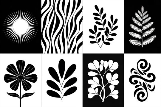 A set of eight black and white abstract botanical patterns arranged in a 2x4 grid.