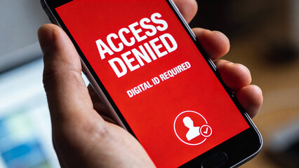 Hand holding smartphone displaying bold red ACCESS DENIED DIGITAL ID REQUIRED message with person icon, symbolizing restricted access