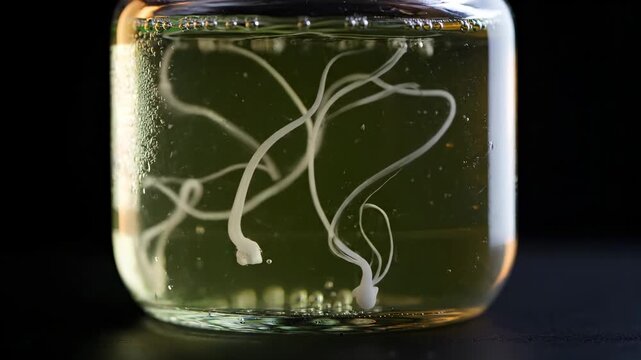 Parasitic worms swim in jar with green liquid showing nematode movement. Parasite specimen floats in jar. Worms move through liquid in laboratory jar. Nematode parasites swim in green sample.