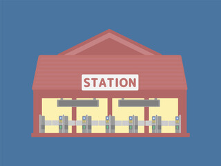 外観に灯りがともる夜の駅舎の建物イラスト