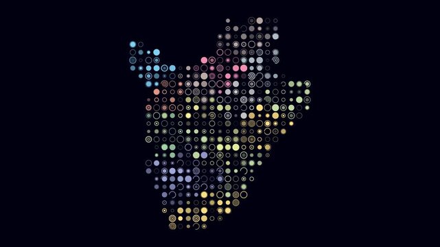 Burundi map animation. Shape of the country with pulsating colored dots. Large size circle blocks. Digital style Burundi map on dark background. Beautiful video.