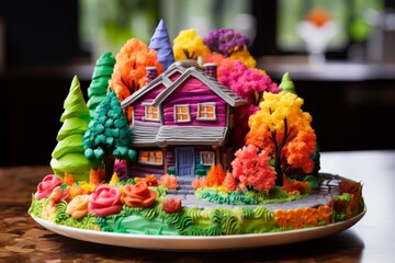 Naklejka premium Creative cake decorating shaping a miniature vibrant village with colorful trees and flowers