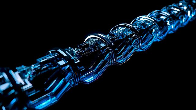 Glowing blue metallic chain links connected curve shining reflections dark background industrial strength energy