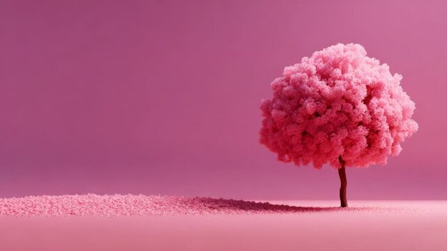 A mesmerizing pink tree stands gracefully against a vibrant pink backdrop, capturing the fleeting beauty of nature as delicate petals scatter in the gentle breeze, evoking tranquility.