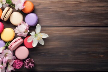 Assortment of colorful macarons, truffles, and fresh flowers arranged on a dark wood background