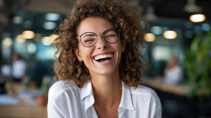 Joyful businesswoman with glasses laughing, bright office setting display, modern workplace positive environment visualization, professional happiness concept, corporate joy representation