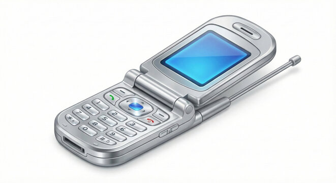 Classic Silver Flip Phone Illustration - A Retro Mobile Communication Device with Blue Screen