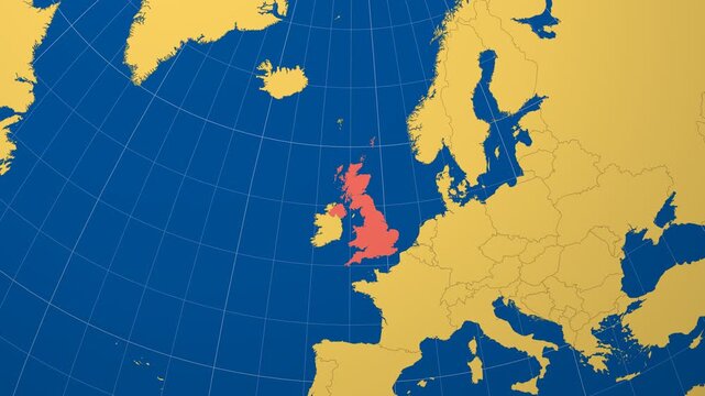 United Kingdom on Globe. Animated zoom into the country in Ocean Blue Golden Yellow color palette. United Kingdom logo animation. Map with meridians, parallels. Artistic video.