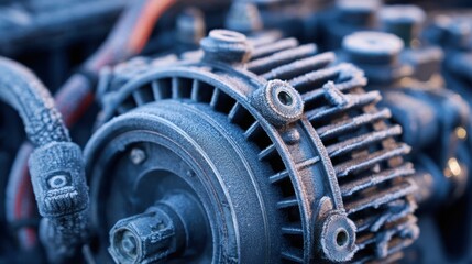 alternator and engine components close up, winter conditions, icy air, subtle frost on metal parts, professional automotive photography, extreme