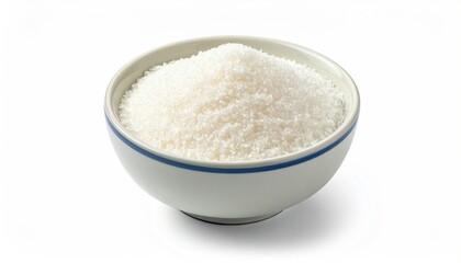 and keyword list based on the image

 Granulated Sugar Piles in Ceramic Bowl, Isolated on White Background