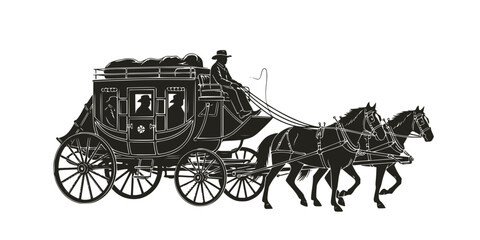 Fototapeta premium Stagecoach wagon or diligence with horses. Wild West style traditional horse-drawn carriage with the coach and passengers. Black and white monochrome vector illustration.