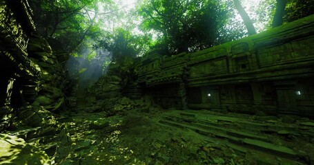 A misty jungle landscape surrounds a worn stone structure largely covered in moss. Sunlight filters through lush trees, highlighting natures reclamation of the ruins.