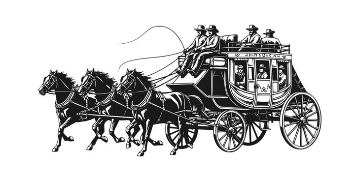 Stagecoach wagon or diligence with horses. Wild West style traditional horse-drawn carriage with the coach and passengers. Black and white monochrome vector illustration.