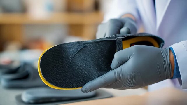 Orthopedic shoe specialist carefully adjusting insoles and arch support to enhance comfort and mobility for personalized foot care.