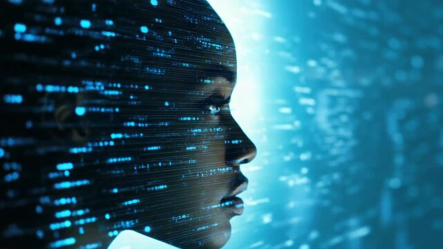 The depicts a scene where technology is seamlessly integrated with human elements, likely representing the future of AI and computer science.