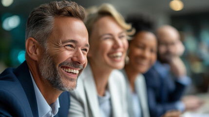 Businesspeople laughing during briefing, professional meeting visualization display, workplace humor concept, corporate presentation representation, team engagement aesthetic , with copy
