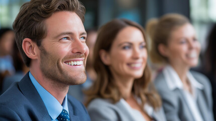 Businesspeople laughing during briefing, professional meeting visualization display, workplace humor concept, corporate presentation representation, team engagement aesthetic , with copy