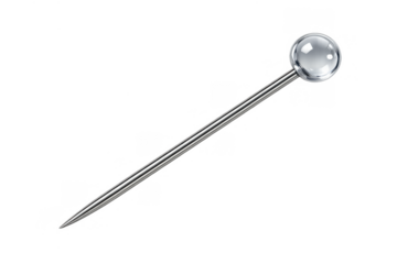 Silver metallic sewing pin with a clear spherical head and a sharp tip, isolated on a transparent background