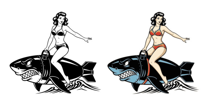 Pin up woman in bikini swimsuit riding a bomb like a surfer, isolated on the color background. Vintage nose art style vector illustration.