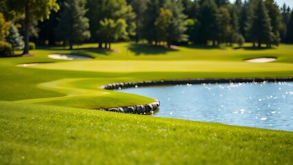 oligarchy. A golf course with manicured grass and water hazards under a sunny sky. event key visuals, club posters, designed for sports event promotions and stadium branding, drives event promotion.