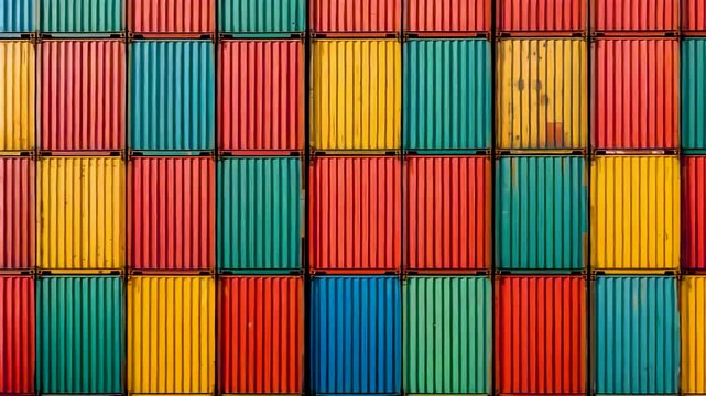 Vibrant multicolored shipping containers stacked tightly colorful rows red yellow blue green teal industrial port storage