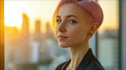 Female stylist with short hair, glasses, and urban casual attire standing confidently in a cityscape at sunset.