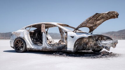 burned electric car shell after fire, melted aluminum body, daylight, realistic textures