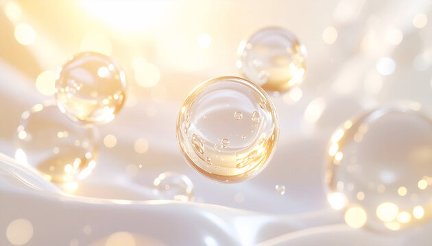黄金に輝く透明バブルと美容液のきらめき背景 保湿・ツヤ・ハリを表現したスキンケア抽象 3Dレンダリング
Golden transparent bubbles and glowing serum sparkle background, abstract skincare image for hydration, glow and firming, 3D render