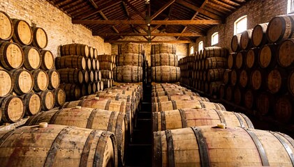 Aging liquor storage cellar with many wooden barrels stacked high for maturation and flavor development photo.