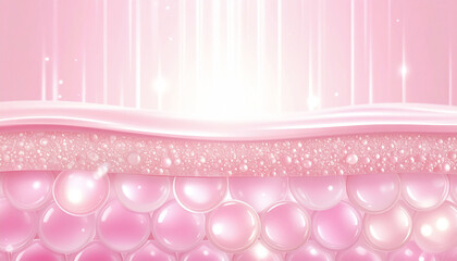 うるおい満ちるピンクの肌断面イメージ 発光する美容成分カプセルとスキンケア層構造 コラーゲン・ヒアルロン酸・ハリツヤ訴求の背景素材
Glowing pink skin layer illustration with beauty capsules, hydration and collagen concept, skincare science background