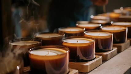 Artisan mixing essential oils into warm soy wax to craft a custom aromatic candle emitting relaxing fragrances.