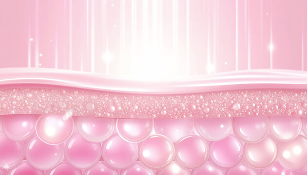 うるおい満ちるピンクの肌断面イメージ 発光する美容成分カプセルとスキンケア層構造 コラーゲン・ヒアルロン酸・ハリツヤ訴求の背景素材
Glowing pink skin layer illustration with beauty capsules, hydration and collagen concept, skincare science background