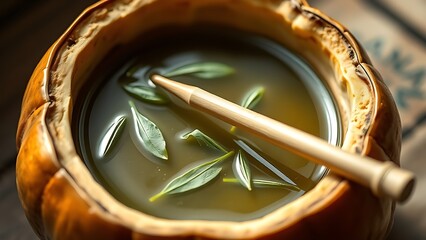 traditonal. A traditional mate gourd with yerba mate leaves and a bombilla straw inside. bar promotions, beverage menus, designed for product packaging and bar promotions, inspires menu design.