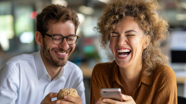 Phone laugh happy business people, office meeting conversation online break, creative company startup men women, smartphone funny meme joke, humor workplace visualization , with copy space