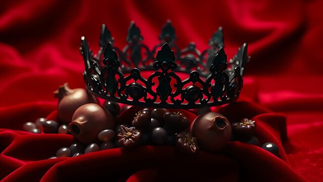infamy. Obsidian crown and pomegranate seeds on crimson velvet in dramatic lighting. event programs, museum guides, designed for cultural heritage projects and event programs.